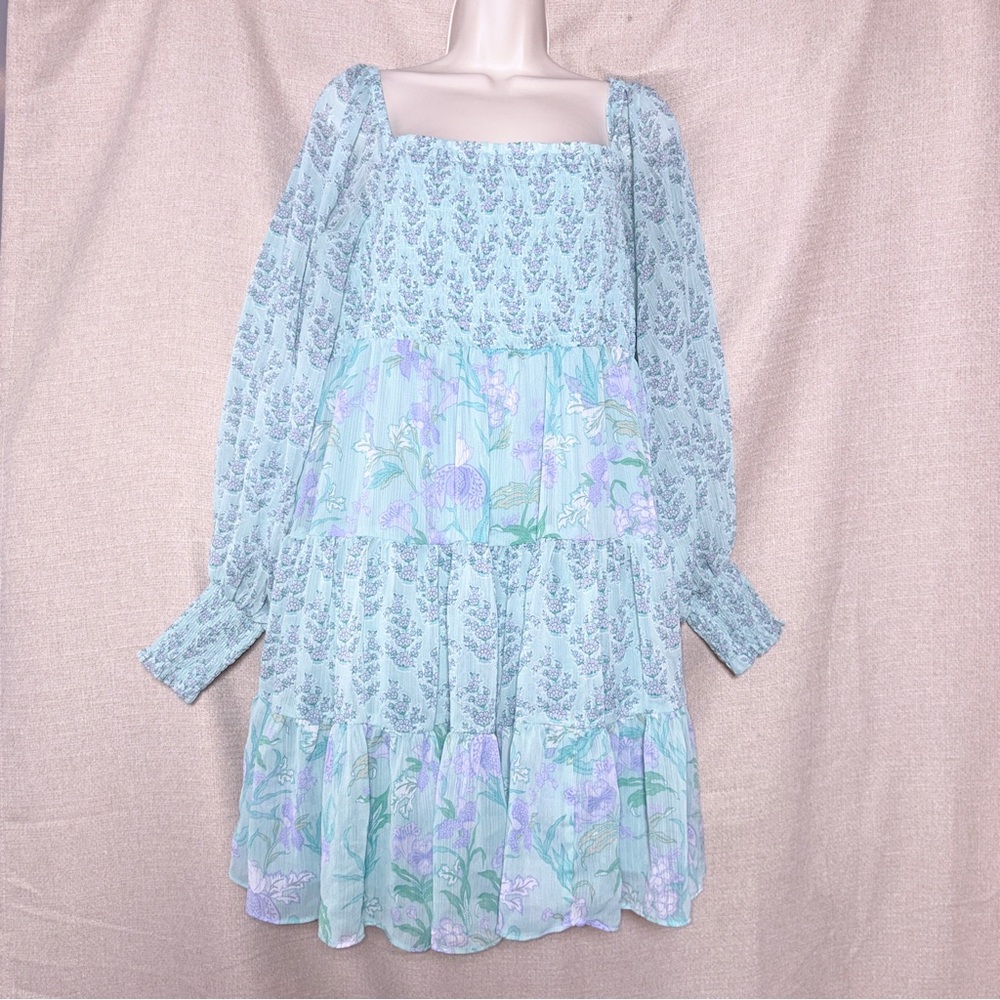 Taylor Floral Dress Size 10 Blue Square Neck 3/4 Sleeve Tiered Ruffle Women